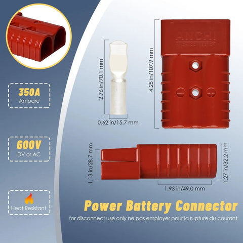350 Amp Battery Power Connector Kit With 2 Pole Plugs, Quick Connect Disconnect, 600 Volt Max, red plug and dimensions shown