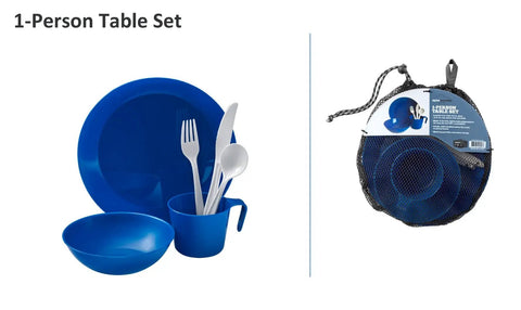 One Person Camping Dish Table Set For Outdoors Washable Reusable Polypropylene Dinnerware Kit With Plate Bowl 12oz Cup Spork Fork Knife And Mesh Bag