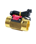 Three Quarter Inch Brass Water Flow Sensor Switch With Hall Effect Plug And Play Ready For Home And DIY Projects 2 To 50 Liters Per Minute Flowmeter BSPT Female Thread 58 Millimeter Length DC Five To Fifteen Volt 0 To 80 Celsius Range viewed front angle