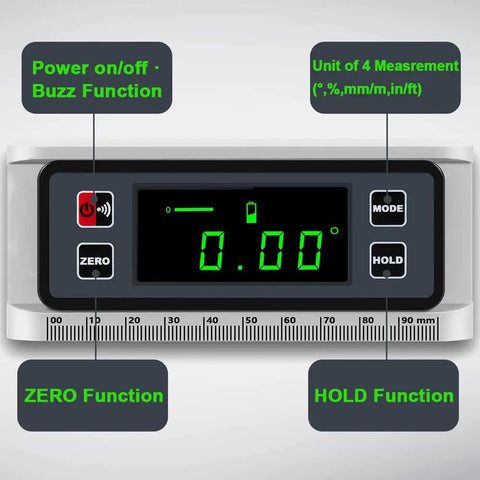 Top Shelf Digital Angle Finder Protractor face displaying measurements, functions, and buttons for precise angle calculation.