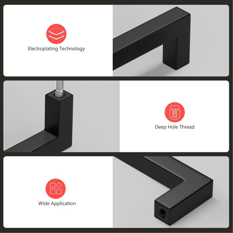 Close-up views of Matte Black Cabinet Handles 30 Pack Square Drawer Pulls Six And One Quarter Inch Center To Center 160mm