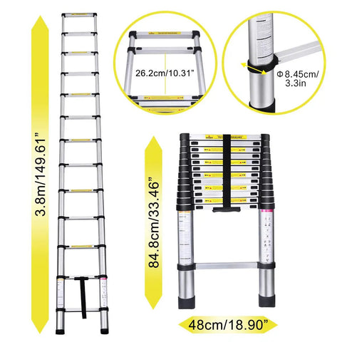 Dimensions overview of Telescoping Extension Ladder 12 and a Half Ft Aluminum Alloy Lightweight Workhorse for Roofing and Home DIY Outdoor Projects RV Use 330 Lb Capacity Safe Quick Lock Rust Resistant Anodized Finish.