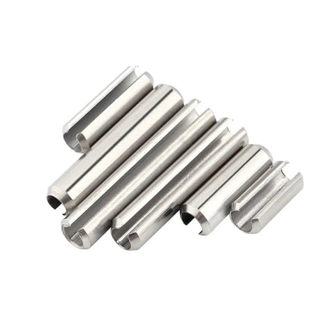 Slotted Spring Pins Set In 304 Stainless Steel, Dowel Roll Pins M1.5 To M12, 5-100mm Pack displayed in various sizes