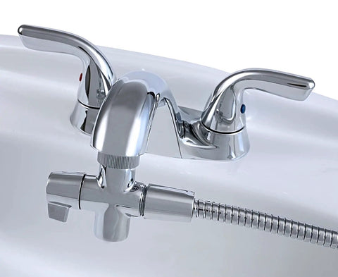 Aquaus 360 Faucet Bidet With Brass Sprayer And Warm Water, Dual Thumb Controls, shown attached to a chrome sink faucet