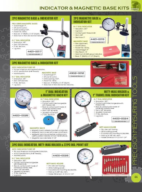 0.03 Inch Dial Test Indicator And 1 Inch Dial Indicator Set With Uni Magnetic Base, Dovetail Mounts On Top, Includes 7/32 Inch And 1/4 Inch Stems, Case, 0.0005 Inch Graduation For Test, 0-15 Range, 0.001 Inch Graduation On 1 Inch Dial, 4-48 Thread