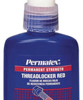 Red Permanent Strength Thread Locker for Fasteners, 50 Milliliter Bottle, showing front label, for 1 inch threads, prevents loosening from vibration.