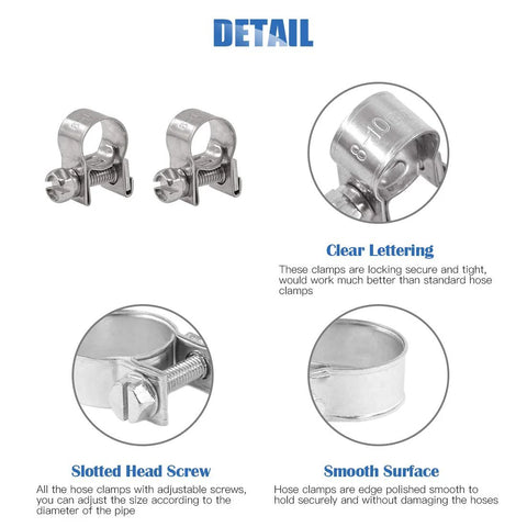 Front view of 12-piece stainless steel mini hose clamps for 8–10 mm hoses; adjustable slotted screws.