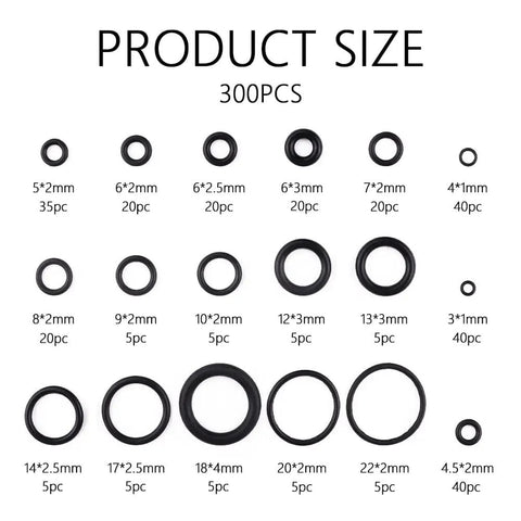 300 Piece O Ring Kit With 18 Size Rubber Gasket Washers For Auto Repair And Air Or Gas Lines O Rings And Seals Set For Hoses And Fittings DIY Car Maintenance Essential shown with size details