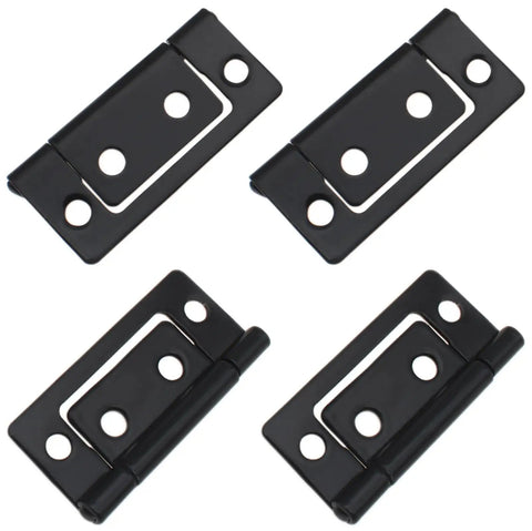 Set Of Four Heavy Duty Black Folding Hinges Featuring Darn Easy Non Mortise Installation For Small Wooden Chests And Cabinet Doors With Hella Sturdy Iron Build And Complete Screw Kit For Snappy Ready Install, showing four black iron hinges.