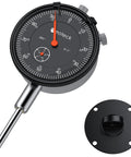 Front-angled view of Neoteck dial indicator, 1"/0.001", black dial with orange needle, metal body and mounting base.