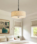 Beige Drum Pendant Chandelier For Dining Room, Farmhouse Style With White Linen Shade, 3 Light E26 Fixture, Adjustable 59 Inch Chain