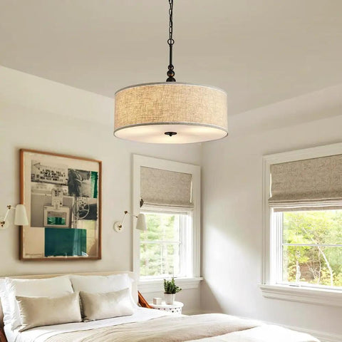 Beige Drum Pendant Chandelier For Dining Room, Farmhouse Style With White Linen Shade, 3 Light E26 Fixture, Adjustable 59 Inch Chain