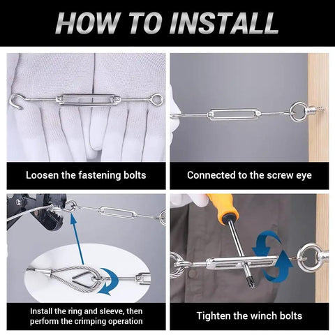 Installation guide for 3 Pack M10 Hook And Eye Turnbuckles Made From Top Shelf 304 Stainless Steel Cable Tensioner.
