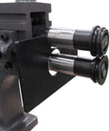 Close-up of TB-12 Bead Bender Beading Machine rollers, heavy-duty cast iron frame, 8 inch rotary tool for 18 gauge metal bending.