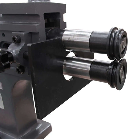 Close-up of TB-12 Bead Bender Beading Machine rollers, heavy-duty cast iron frame, 8 inch rotary tool for 18 gauge metal bending.