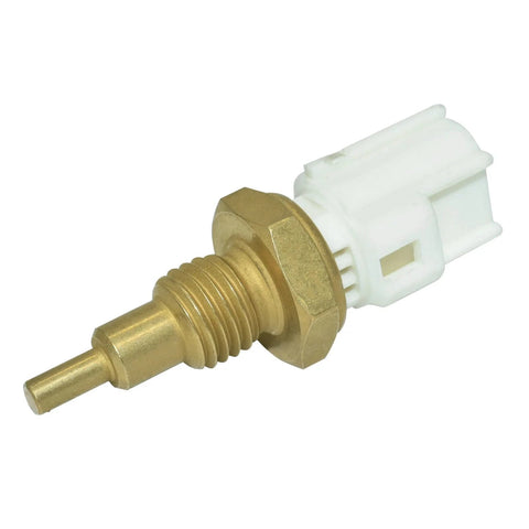 Engine coolant temperature sensor with brass body and white plastic connector (close-up)