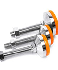Heavy Duty Adjustable Rubber Leveling Feet With Thick Carbon Steel Base Plate And Threaded Support Legs For Machinery And Equipment Racks showing threaded legs and rubber tops.