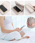 Copper Nickel Faraday Cloth Shielding Fabric 39x43 Inches for WiFi 5G Cell Bluetooth GPS Grounding DIY projects, shown with phone and pregnancy use.