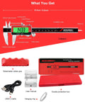 6-Inch Digital Caliper With USB-C Rechargeable Backlight LCD shown with accessories including case, USB-C cable, and manual