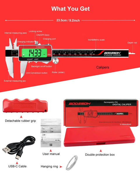 6-Inch Digital Caliper With USB-C Rechargeable Backlight LCD shown with accessories including case, USB-C cable, and manual