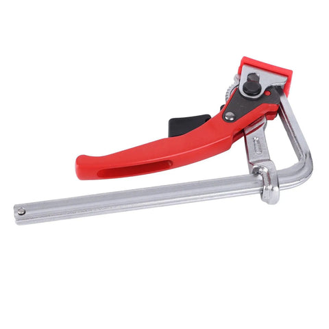 Rock Solid Ratcheting Table Clamp With 16CM Max Opening And 540 Lbs Killer Grip Heavy Duty Chrome Vanadium Steel Shop Dog shown from side view.