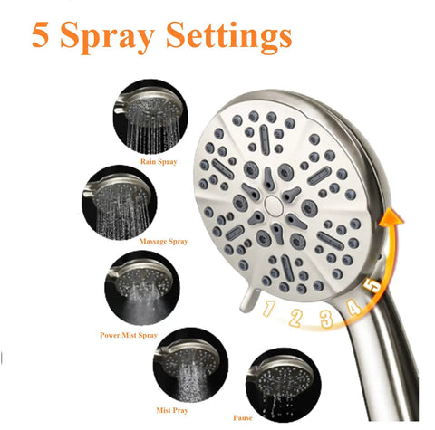 Powerful High Pressure Handheld Shower Head With 5 Spray Modes showcasing rain, massage, mist, spray, and pause.