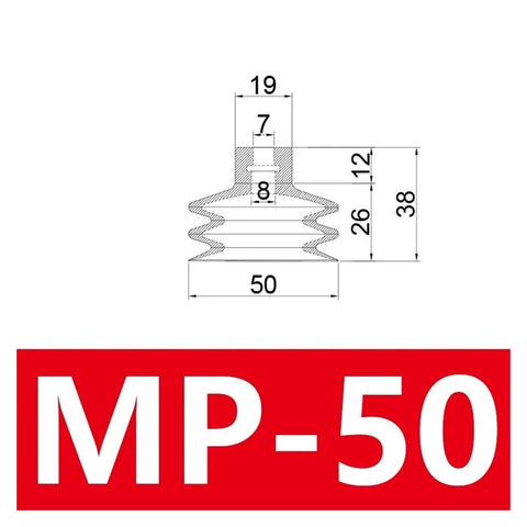 10 Pack MP Type Pneumatic Suction Cups With 8mm Mounting Hole. Diagram showing dimensions of MP-50 suction cup design.