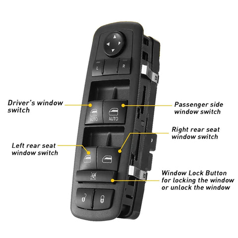 Power Window Control Switch Driver Side Fits 2011 Through 2021 Jeep Grand Cherokee Bezel Replacement Not For Vehicles With Power Folding Mirrors Easy Install Durable Window Button For Smooth Operation black driver-side switch with mirror and window lock buttons