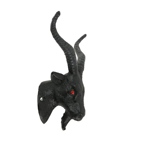 Badass Set Of Two Baphomet Coat Hooks 6 Inch Cast Iron Wall Mounts Solid Decorative Entryway Hardware Heavy Duty Gothic Room Decor Rad Metal Hook Rack For Keys And Hats Dope Vibes black cast iron Baphomet head hook with red eyes