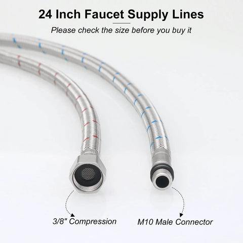 24-Inch Faucet Supply Lines With 3/8 Inch Compression To M10 Male Connector Braided Stainless Steel Nylon Hose Extension
