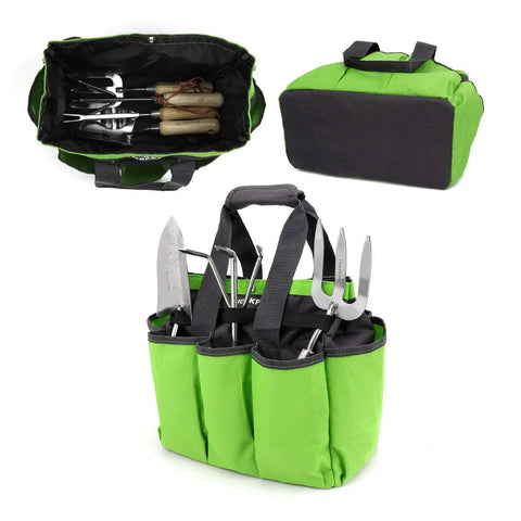 Heavy Duty Garden Tool Bag With 8 Pockets Oxford Gardening Tote Caddy For Tools Not Included Large Capacity 12 By 12 By 6 Inch Durable Outdoor Yard Organizer For Home Garden Must Have, green with tools inside.