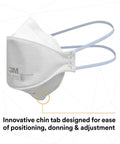 Super Comfy N95 Particulate Respirator Pack Of 20 With 3 Panel Flat Fold Design For Easy Facial Movement Reduces Eyewear Fogging Disposable Individually Wrapped Comfortable NIOSH Approved For Smoke And Dust, side view showing chin tab.