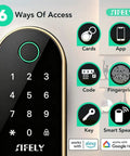 Slick Built In Wifi Smart Door Lock With Handle And Keypad features six access methods including fingerprint and app controls.