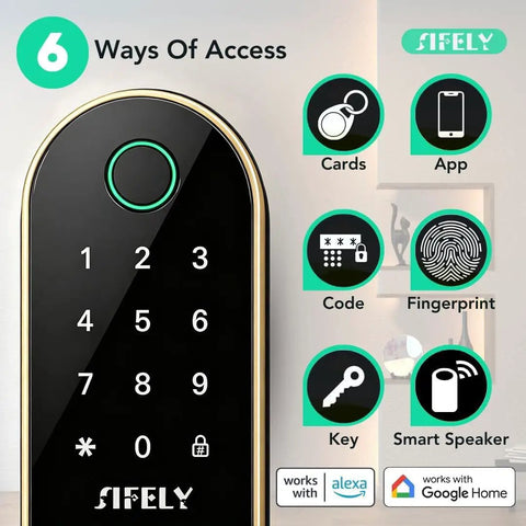Slick Built In Wifi Smart Door Lock With Handle And Keypad features six access methods including fingerprint and app controls.