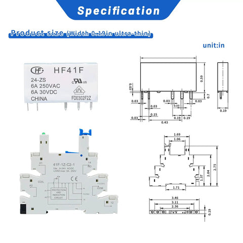 Slim 24V Relay Din Rail 5 Pin SPDT 1NO 1NC 6A 250VAC 24VDC 24VAC Coil with LED Indicator and Socket Base, schematic and dimensions shown