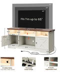 65 Inch TV Stand With Built In Power Outlet And LED Lights Cool Farmhouse White Entertainment Center with open storage.