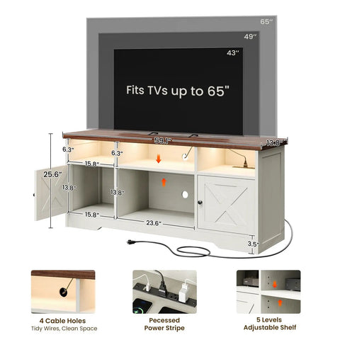 65 Inch TV Stand With Built In Power Outlet And LED Lights Cool Farmhouse White Entertainment Center with open storage.