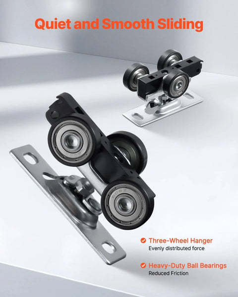 Close-up of three-wheel hanger for Five Foot Bypass Sliding Door Hardware Kit For Closets Aluminum Alloy Rail System Two Door Set