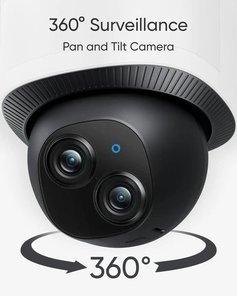 Close-up of Dual-Lens 360 Coverage Outdoor Floodlight Security Cam With Pan And Tilt AI Detection And Tracking 8x Hybrid Zoom 2K And 3K Resolution 24 Seven Recording No Monthly Fee Wired Dual-Band WiFi 6 2000 Lumen showing dual cameras and 360-degree rotation.