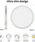 Side and front view of 16 Inch Flush Mount LED Ceiling Light Fixture With Adjustable Color Temperature 3000K 4000K 6500K 36W 3200lm Brushed Nickel Satin Round Ceiling Lamp For Bathroom Kitchen Hallway Shower Energy Efficient