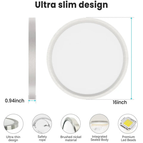Side and front view of 16 Inch Flush Mount LED Ceiling Light Fixture With Adjustable Color Temperature 3000K 4000K 6500K 36W 3200lm Brushed Nickel Satin Round Ceiling Lamp For Bathroom Kitchen Hallway Shower Energy Efficient