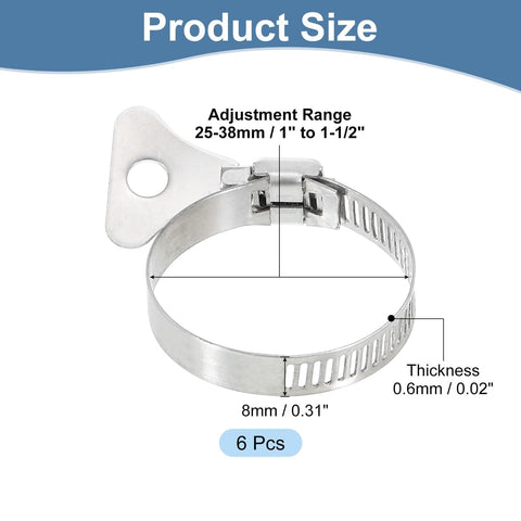 Six-Piece Beefy Heavy Duty Stainless Steel Hose Clamps Worm Gear With Thumb Screw, Adjustable 25 to 38 mm, 8 mm Band Width