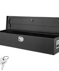 Road Ready Heavy Duty Aluminum Truck Bed Toolbox Featuring Diamond Plate Shield And Tamper Proof Latching For Rough Daily Runs And Tailgate Chasing 48 Inch Black Storage Case with keys visible.