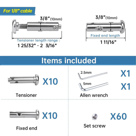 Completely Hidden One Eighth Inch Cable Railing Kit With Swageless Tensioners And Round Head Terminals details, includes 10 tensioners, fixed ends, Allen wrenches, and set screws.