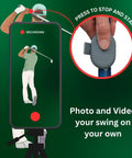 Hands Free Golf Swing Recorder That Instantly Captures Every Swing From Your Grip And Is a Game Changer Letting You See Flaws And Fix Your Swing Fast Without a Coach Bluetooth Remote Compatible With Any Golf Club in use displayed on phone screen.