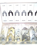 Auto Body Fender Alignment Shim Kit With Zinc Plated Steel Spacers For Front And Rear Camber Caster And Toe Adjustment, Includes DIY Friendly 1/16 Inch 24 Piece, 1/64 Inch 48 Piece, 1/32 Inch 48 Piece, 1/8 Inch 24 Piece, Rust Resistant displayed in an open case.