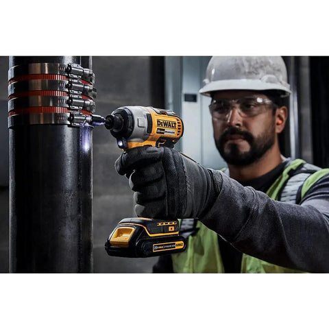 Worker using 20V Max Cordless Impact Driver Kit with Brushless Motor One Quarter Inch Hex Chuck Two Batteries and Charger