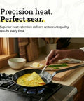 Lightweight Carbon Steel Skillet for High Heat Frying with Long Handle used for searing omelet on stove in kitchen