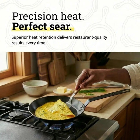 Lightweight Carbon Steel Skillet for High Heat Frying with Long Handle used for searing omelet on stove in kitchen
