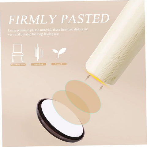 Product image showing Round Self Adhesive Glide Pads for furniture protection, demonstrating adhesive application on wood.